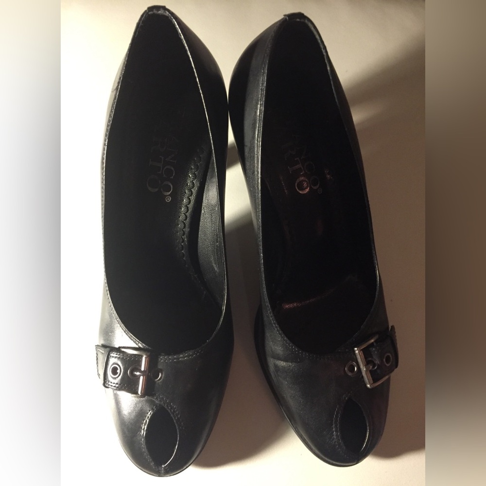 Franco Sarto Black Leather Peep-Toe Heels with Buckle Detail